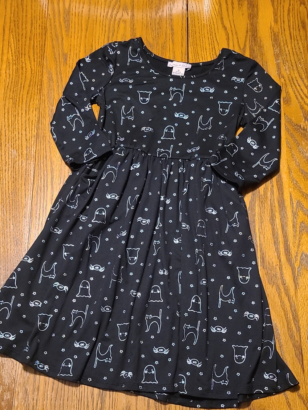 Emma & Elsa Girls Black Long-Sleeve Cat & Ghost Print  Dress - Size 10